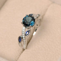1.75 Ct Round & Marquise Cut London Blue Topaz Leaf Style 925 Sterling Silver Engagement Ring