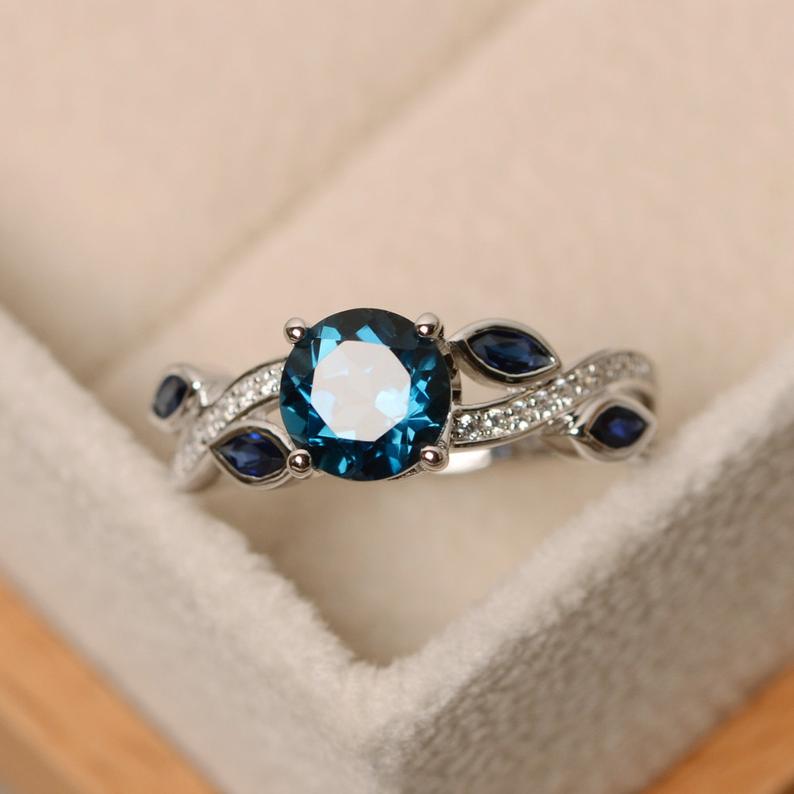 1.75 Ct Round & Marquise Cut London Blue Topaz Leaf Style 925 Sterling Silver Engagement Ring