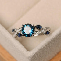 1.75 Ct Round & Marquise Cut London Blue Topaz Leaf Style 925 Sterling Silver Engagement Ring
