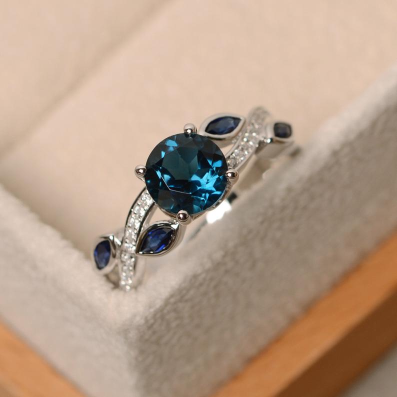 1.75 Ct Round & Marquise Cut London Blue Topaz Leaf Style 925 Sterling Silver Engagement Ring