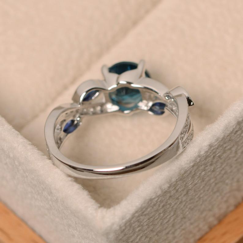 1.75 Ct Round & Marquise Cut London Blue Topaz Leaf Style 925 Sterling Silver Engagement Ring