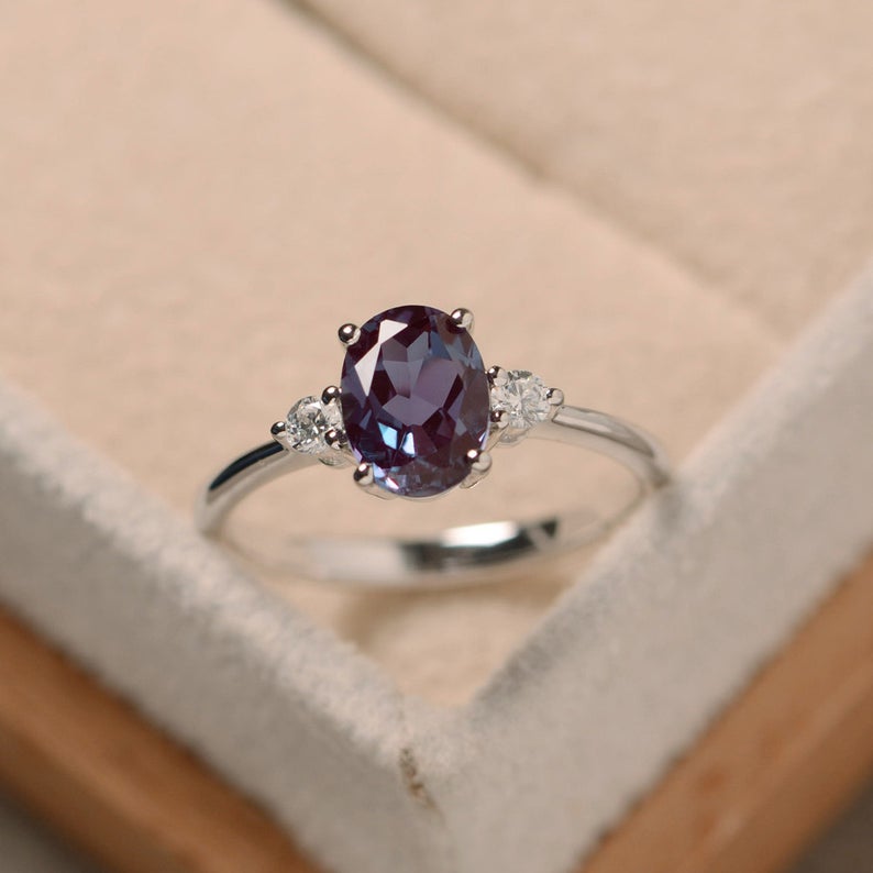 1.25 Ct Oval Cut Alexandrite & Round CZ 925 Sterling Silver Three-Stone Promise Ring