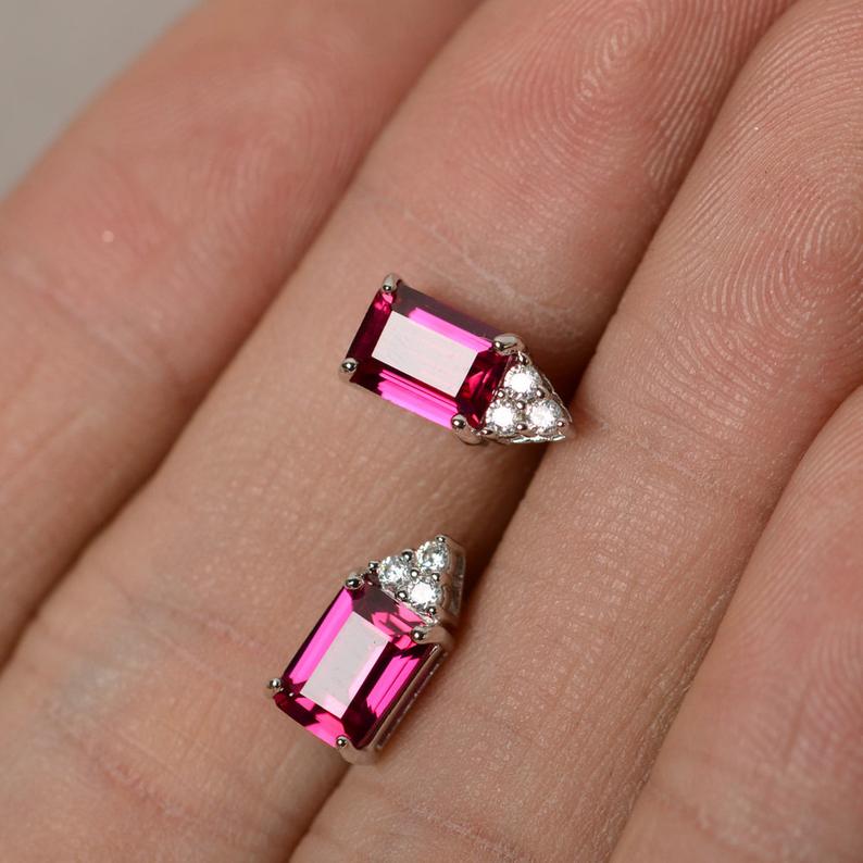2.00 Ct Emerald Cut Red Ruby Gorgeous Anniversary Gift Earrings In 925 Sterling Silver