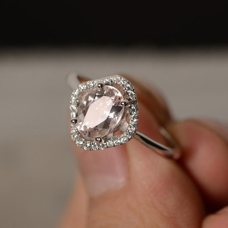 1.75 Ct Oval Cut Morganite 925 Sterling Silver Halo Diamond Engagement Ring