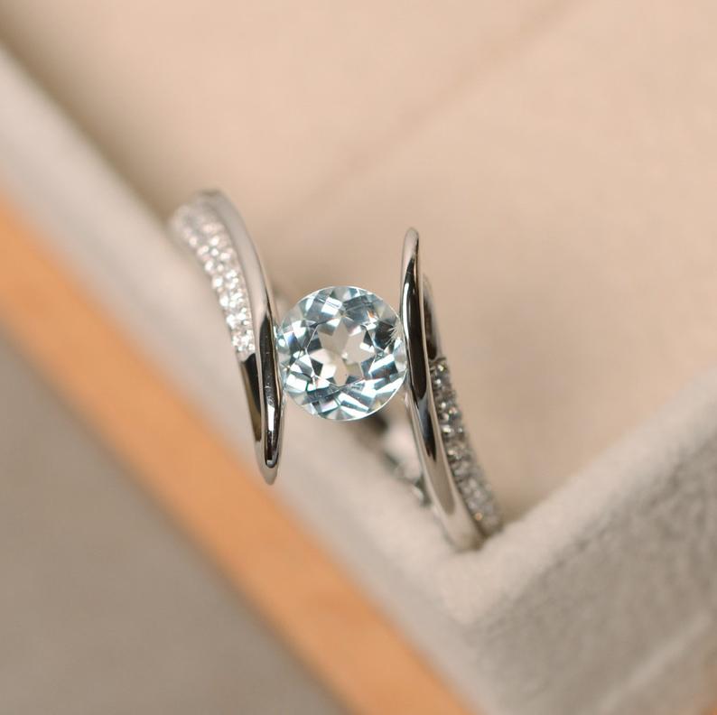 1.20 Ct Round Cut Aquamarine & CZ Bypass Promise Gift Ring In 925 Sterling Silver