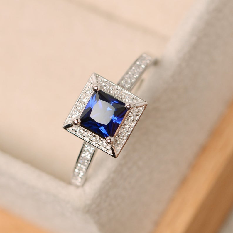 1.75 Ct Princess Cut Blue Sapphire 925 Sterling Silver Halo Engagement Wedding Ring