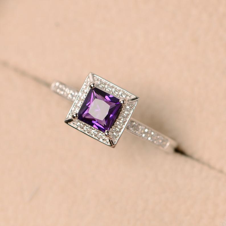 1.75 Ct Princess Cut Purple Amethyst 925 Sterling Silver Halo Anniversary Gift Ring