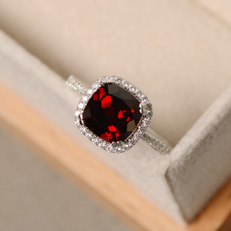 2.25 Ct Cushion Cut Red Garnet White Gold Over On 925 Sterling Silver Halo Engagement Ring