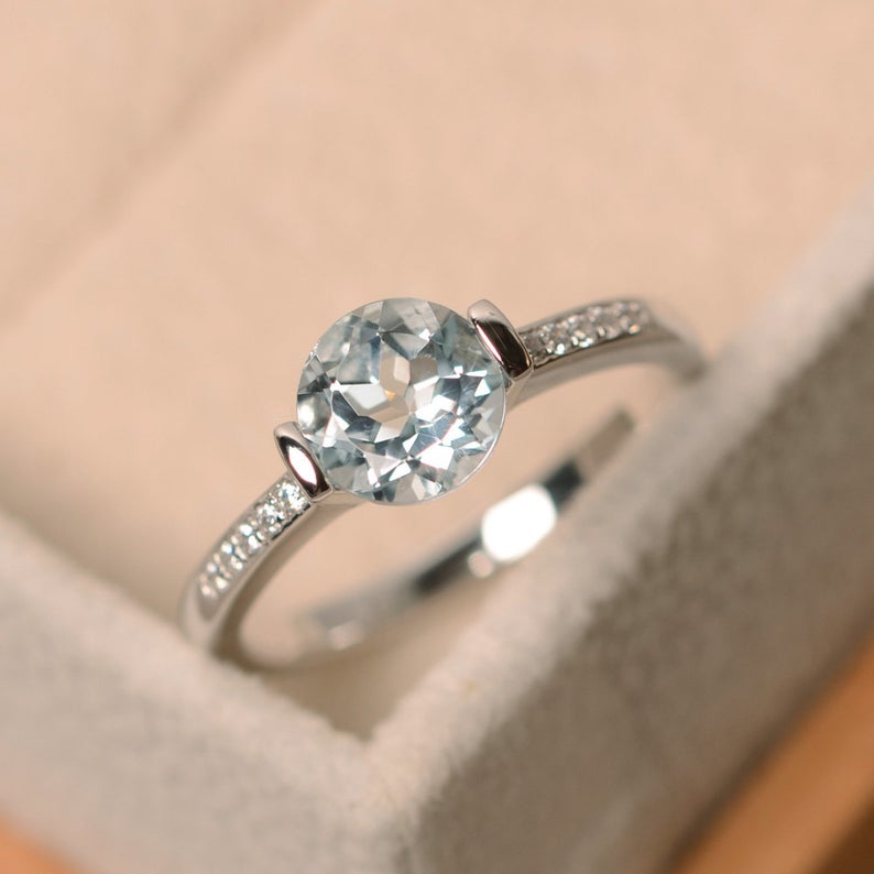 1.25 Ct Round Cut Aquamarine Solitaire W/Accents Engagement Ring In 925 Sterling Silver