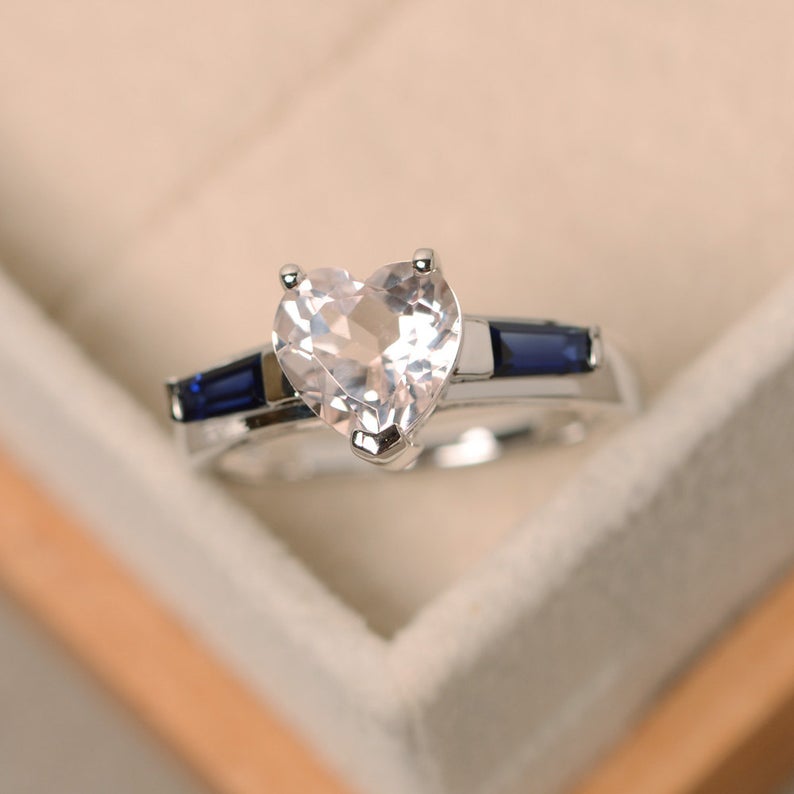 1.50 Ct Heart Cut Pink Morganite & Sapphire Baguette Three-Stone Proposal Ring In 925 Sterling Silver
