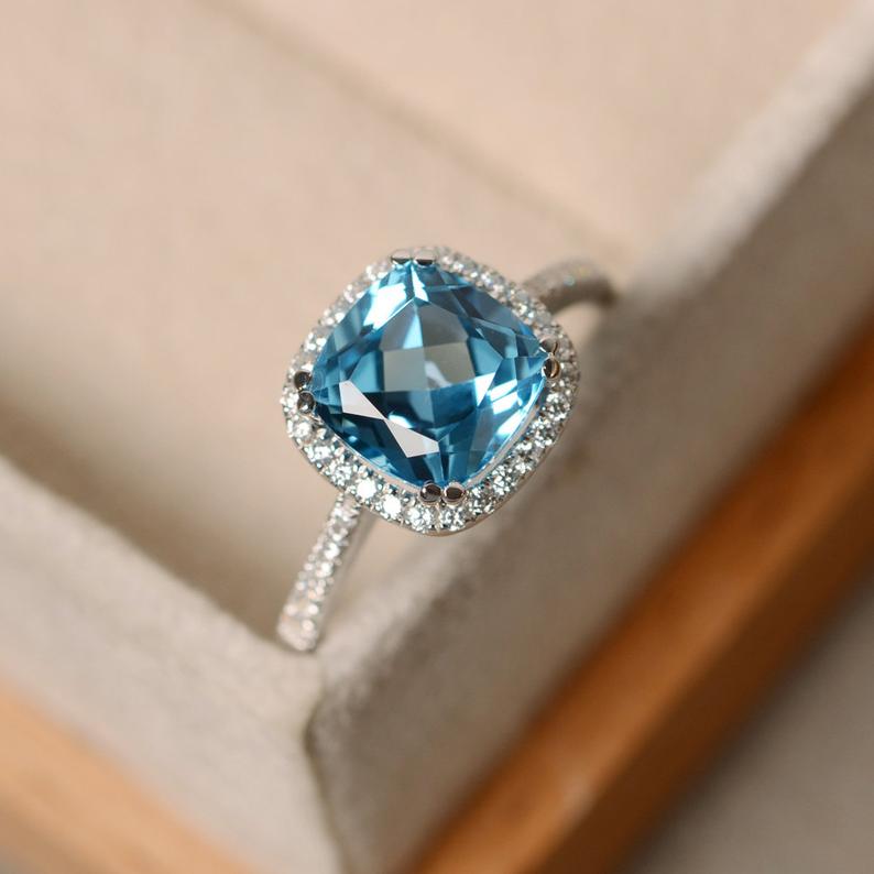 2.25 Ct Cushion Cut Blue Topaz 925 Sterling Silver Halo Engagement Ring In 925 Sterling Silver