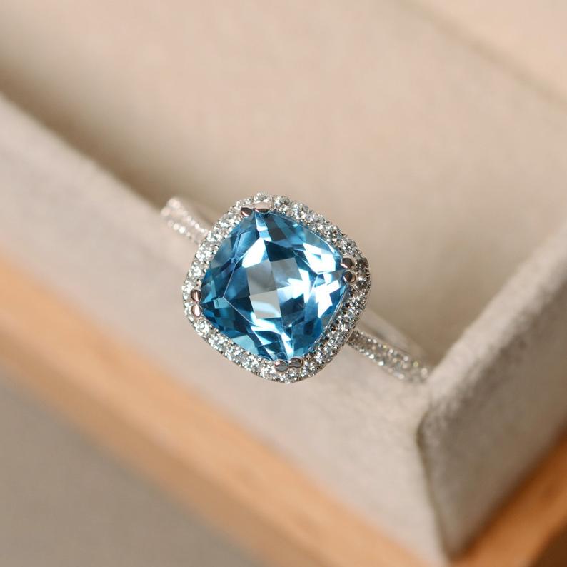 2.25 Ct Cushion Cut Blue Topaz 925 Sterling Silver Halo Engagement Ring In 925 Sterling Silver