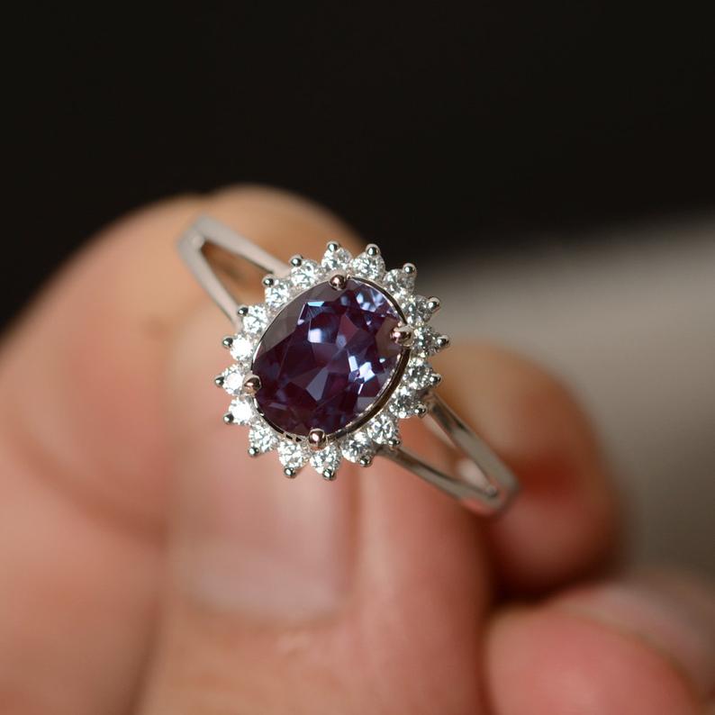 1.75 Ct Oval Cut Alexandrite 925 Sterling Silver Split Shank Halo Engagement Ring