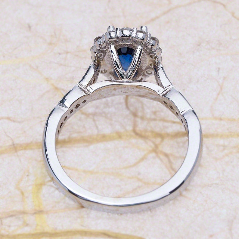 1 CT Oval Cut Blue Sapphire Diamond White Gold Over On 925 Sterling Silver Halo Engagement Ring