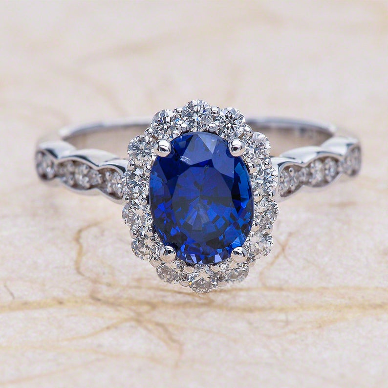 1 CT Oval Cut Blue Sapphire Diamond White Gold Over On 925 Sterling Silver Halo Engagement Ring