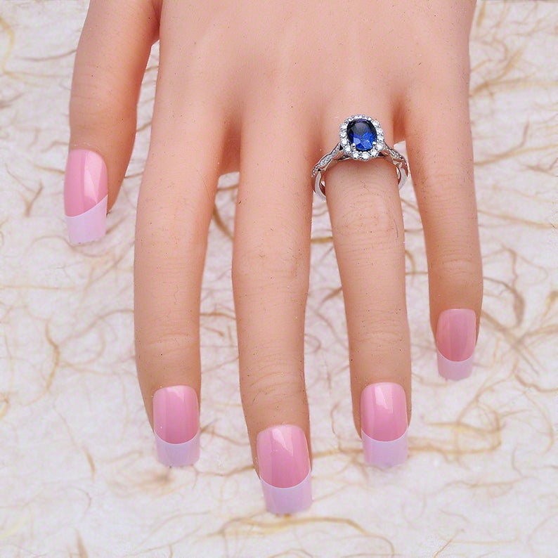 1 CT Oval Cut Blue Sapphire Diamond White Gold Over On 925 Sterling Silver Halo Engagement Ring