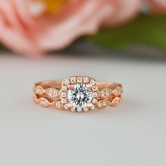 1 CT Round Cut Diamond 925 Sterling Silver Halo Wedding Bridal Ring Set