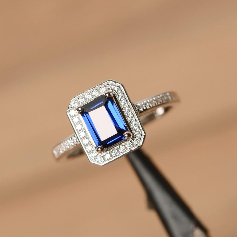 2.10 Ct Emerald Cut Blue Sapphire 925 Sterling Silver Halo Engagement Wedding Ring