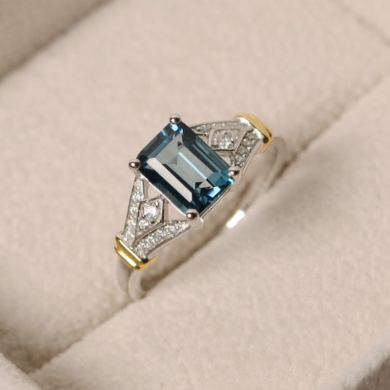 2.75 Ct Emerald Cut London Blue Topaz Two Tone 925 Sterling Silver Solitaire W/Accents Wedding Ring