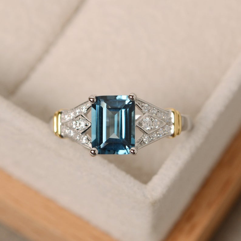 2.75 Ct Emerald Cut London Blue Topaz Two Tone 925 Sterling Silver Solitaire W/Accents Wedding Ring
