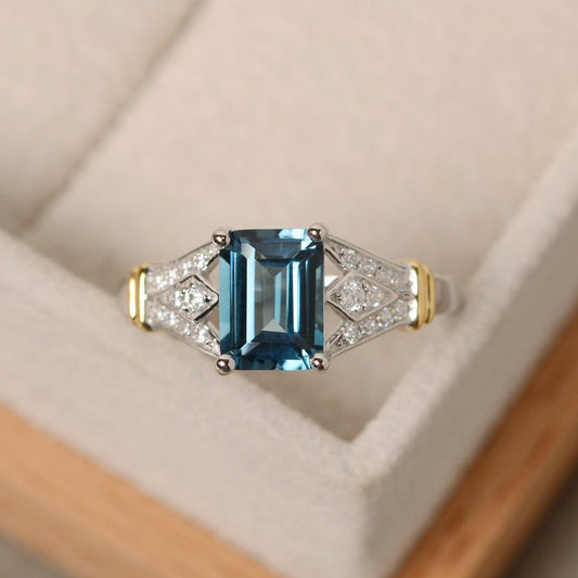 2.75 Ct Emerald Cut London Blue Topaz Two Tone 925 Sterling Silver Solitaire W/Accents Wedding Ring