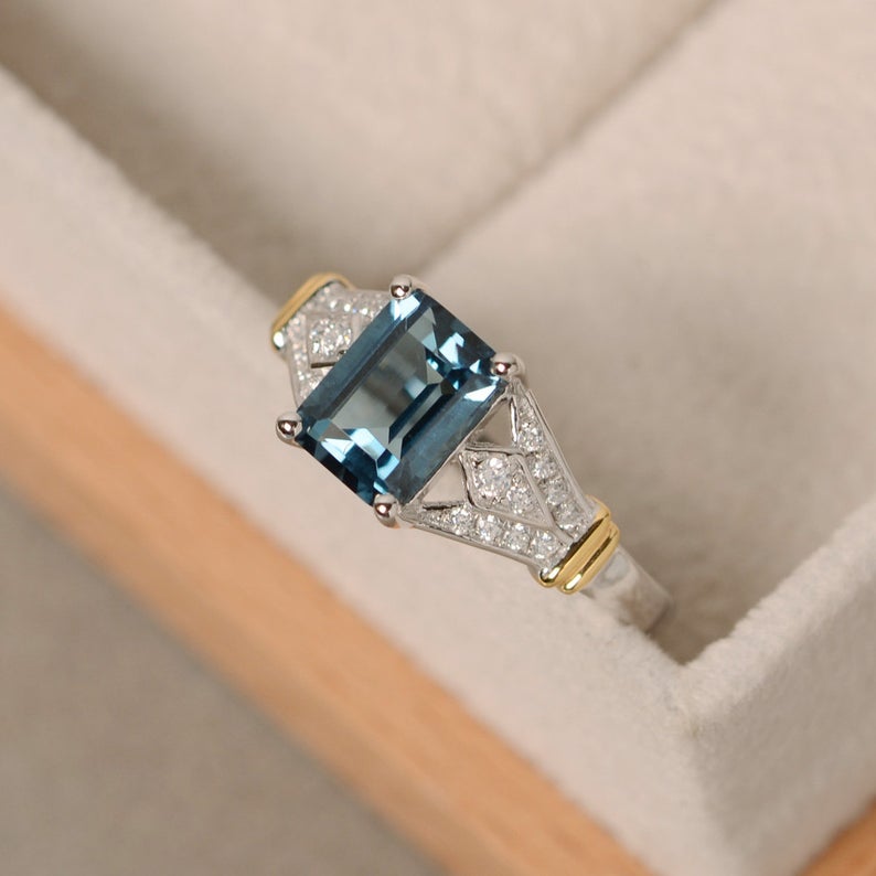 2.75 Ct Emerald Cut London Blue Topaz Two Tone 925 Sterling Silver Solitaire W/Accents Wedding Ring