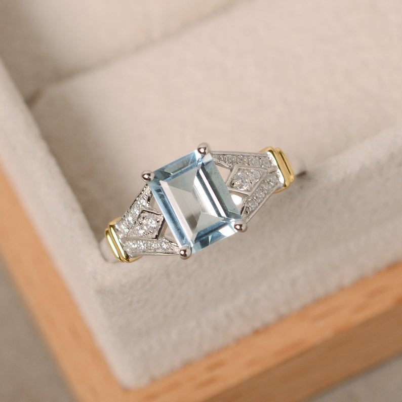 3.50 Ct Emerald Cut Aquamarine Two Tone 925 Sterling Silver Solitaire W/Accents Wedding Ring