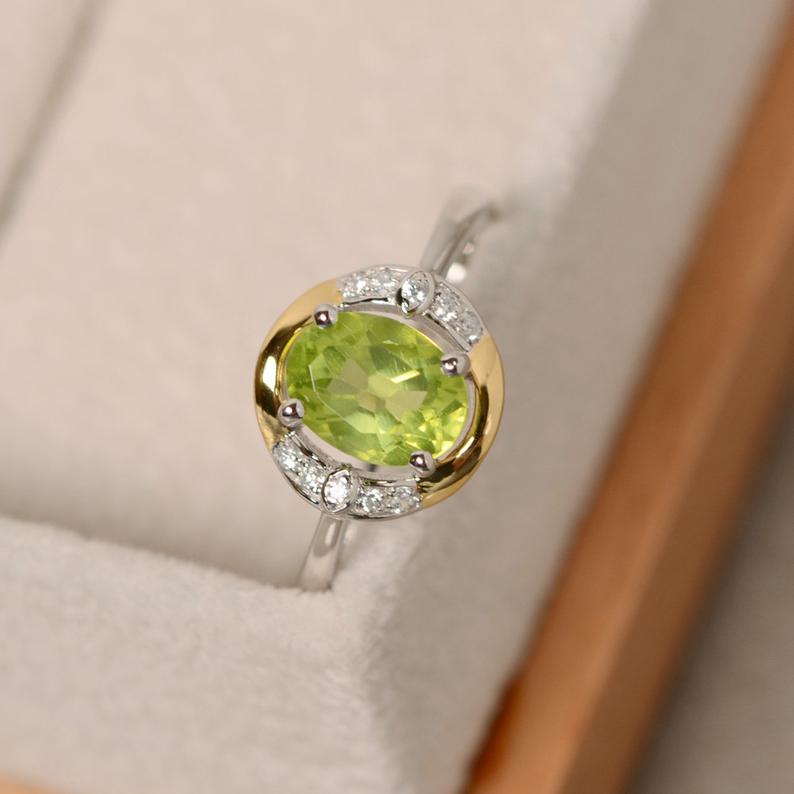 1.50 Ct Oval Cut Green Peridot Two-Tone 925 Sterling Silver Anniversary Gift Ring For Her