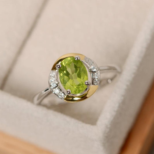 1.50 Ct Oval Cut Green Peridot Diamond Two-Tone On 925 Sterling Silver Unique August Birthstone Ring