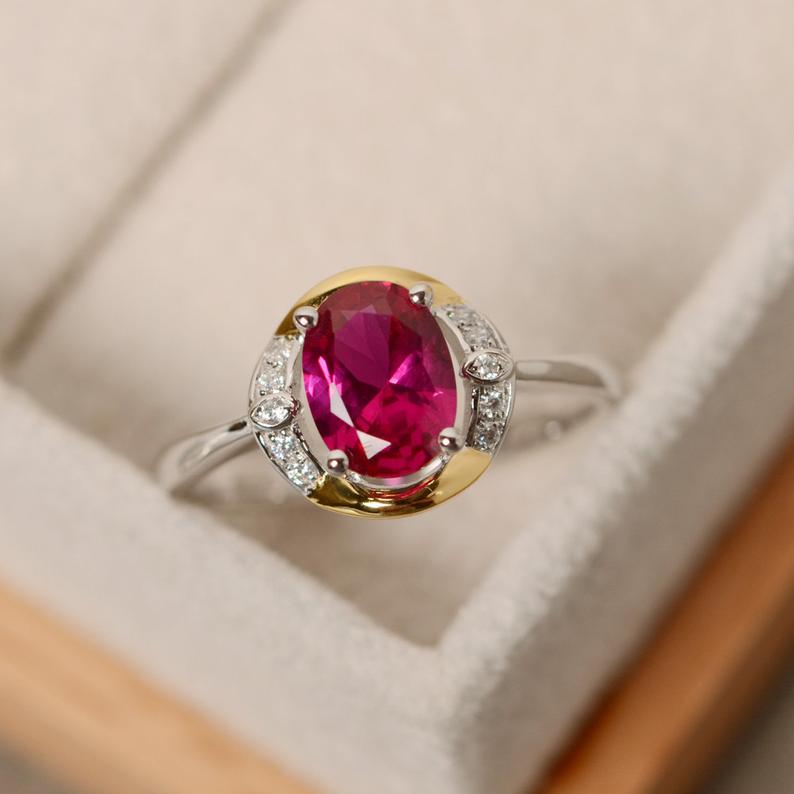 1.50 Ct Oval Cut Red Ruby July Birthstone Two-Tone Stunning Ring In 925 Sterling Silver