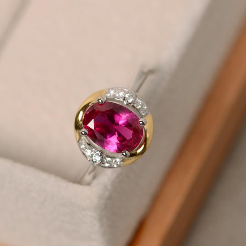 1.50 Ct Oval Cut Red Ruby July Birthstone Two-Tone Stunning Ring In 925 Sterling Silver