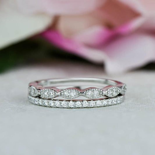 1 CT Round Cut Diamond 925 Sterling Silver Half Eternity Wedding Band Ring Set