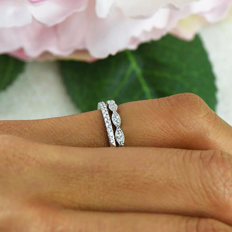 1 CT Round Cut Diamond 925 Sterling Silver Half Eternity Wedding Band Ring Set