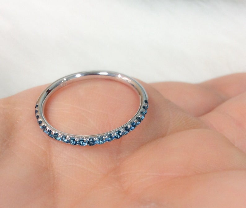 1.20 CT Round Cut London Blue Topaz White Gold Over On 925 Sterling Silver Half Eternity Band Ring