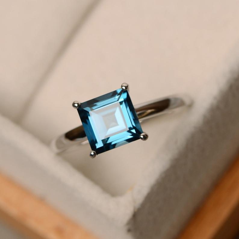 1 ct Princess Cut London Blue Topaz 925 Sterling Silver Solitaire December Birthstone Ring
