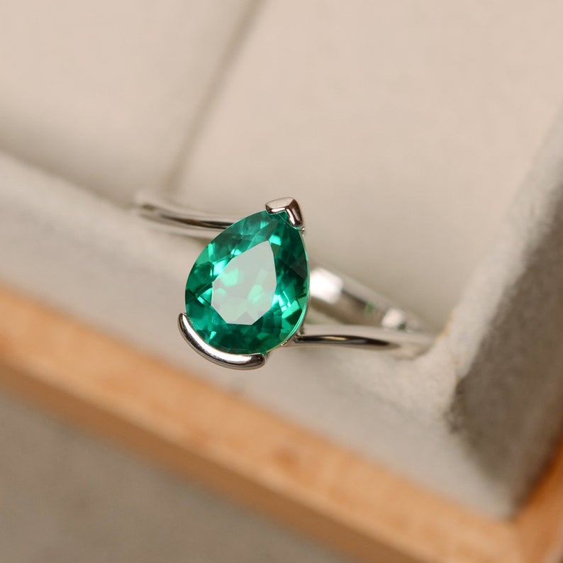 1 CT Pear Cut Emerald Diamond White Gold Over On 925 Sterling Silver Solitaire Promise Ring