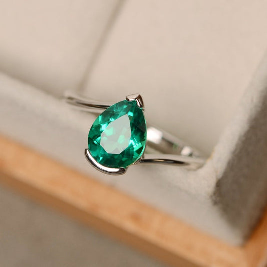1 CT Pear Cut Emerald Diamond White Gold Over On 925 Sterling Silver Solitaire Promise Ring