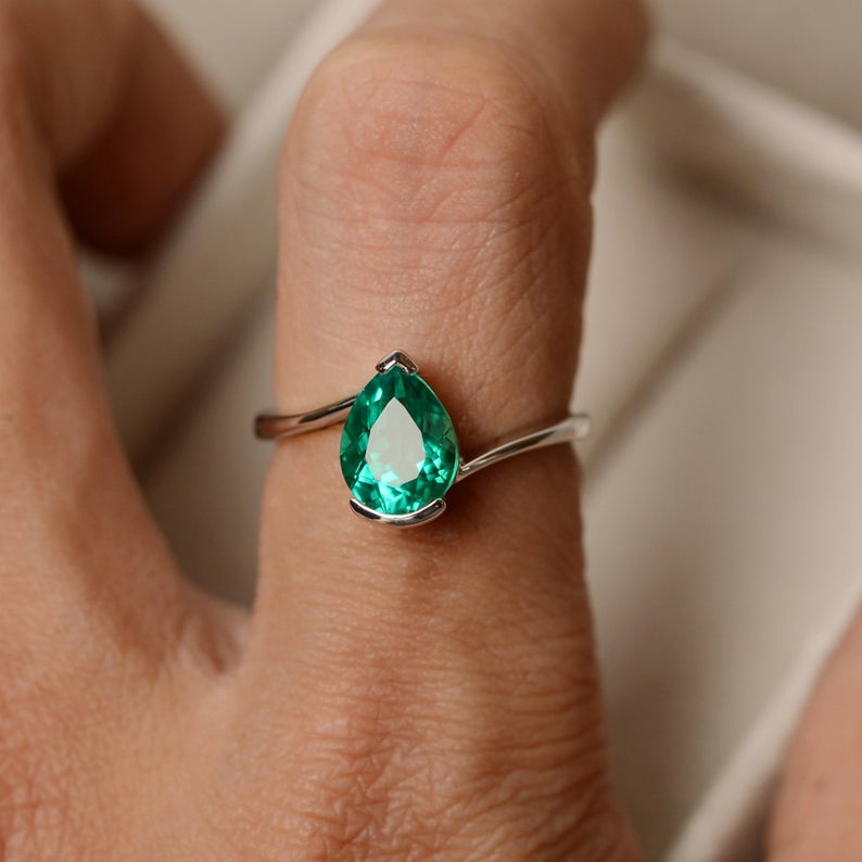 1 CT Pear Cut Emerald Diamond White Gold Over On 925 Sterling Silver Solitaire Promise Ring