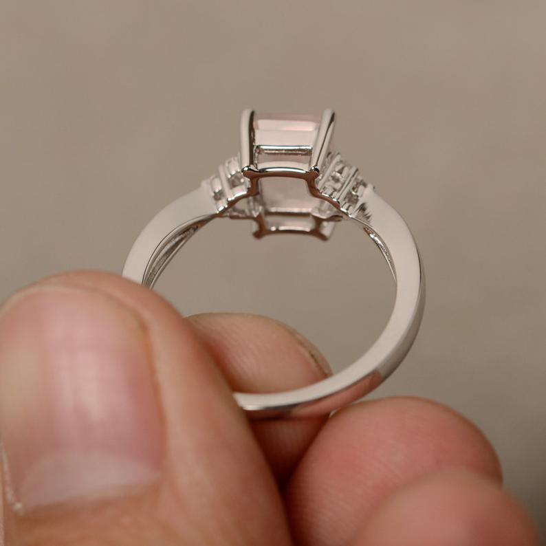 2.00 Ct Rose Quartz Emerald Cut Diamond 925 Sterling Silver Solitaire Engagement Ring