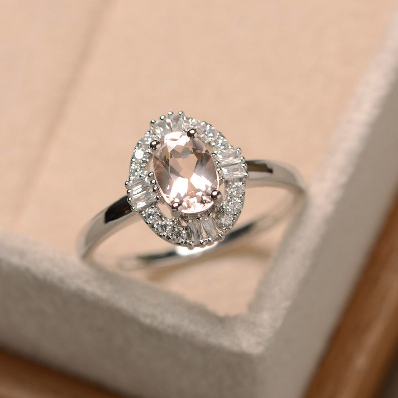 1.50 Ct Oval Cut Morganite 925 Sterling Silver Halo Engagement Wedding Ring