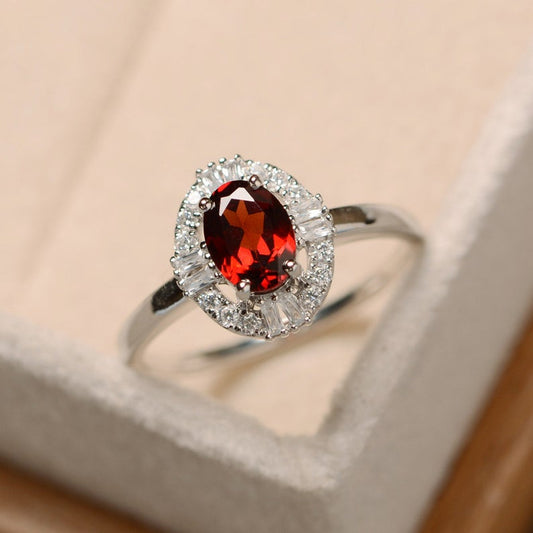 2.00 Ct Oval Cut Red Garnet 925 Sterling Silver Cluster Anniversary Gift Ring For Her