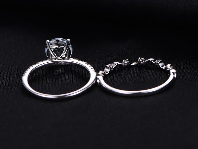 1.50 Ct Round Cut Aquamarine 925 Sterling Silver Half Eternity Band Wedding Bridal Ring Set