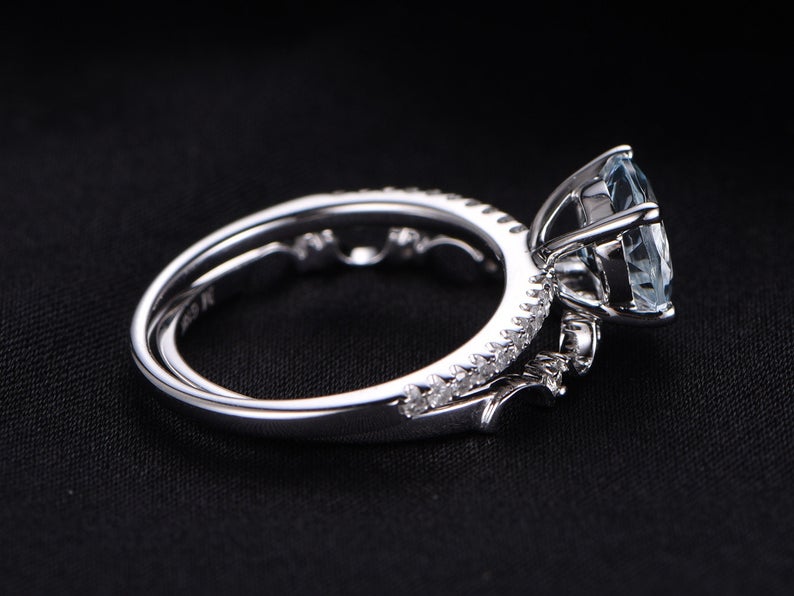 1.75 Ct Round Cut Aquamarine 925 Sterling Silver Engagement Wedding Band Ring Set