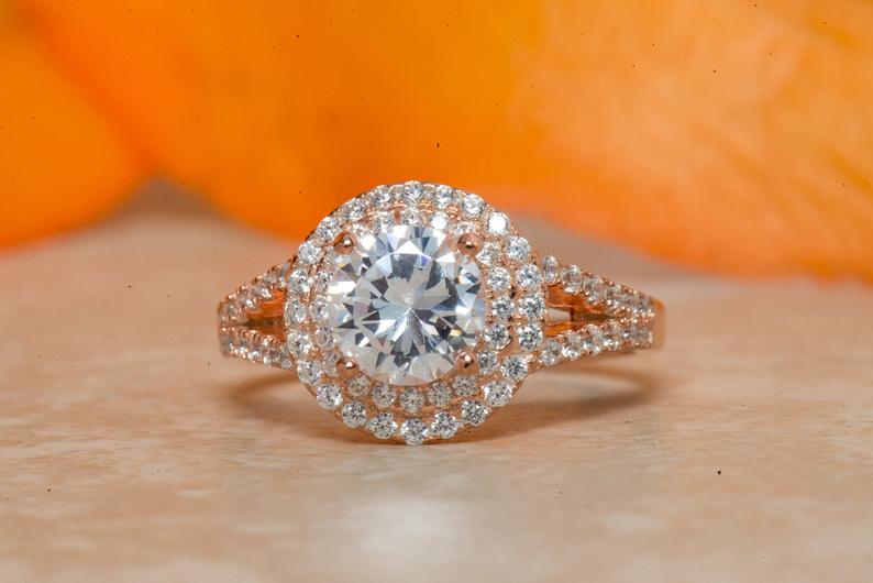 1 CT Round Cut Diamond 925 Sterling Silver Double Halo Wedding Split Shank, Ring