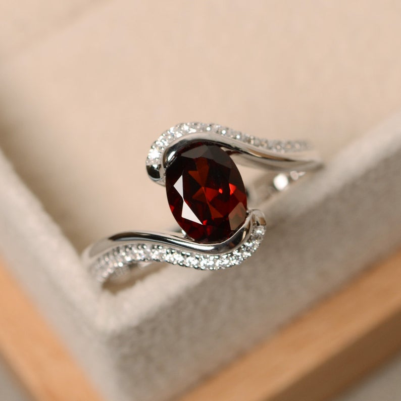 2.50 Ct Oval Cut Red Garnet White Gold Over On 925 Sterling Silver Bypass Promise Ring