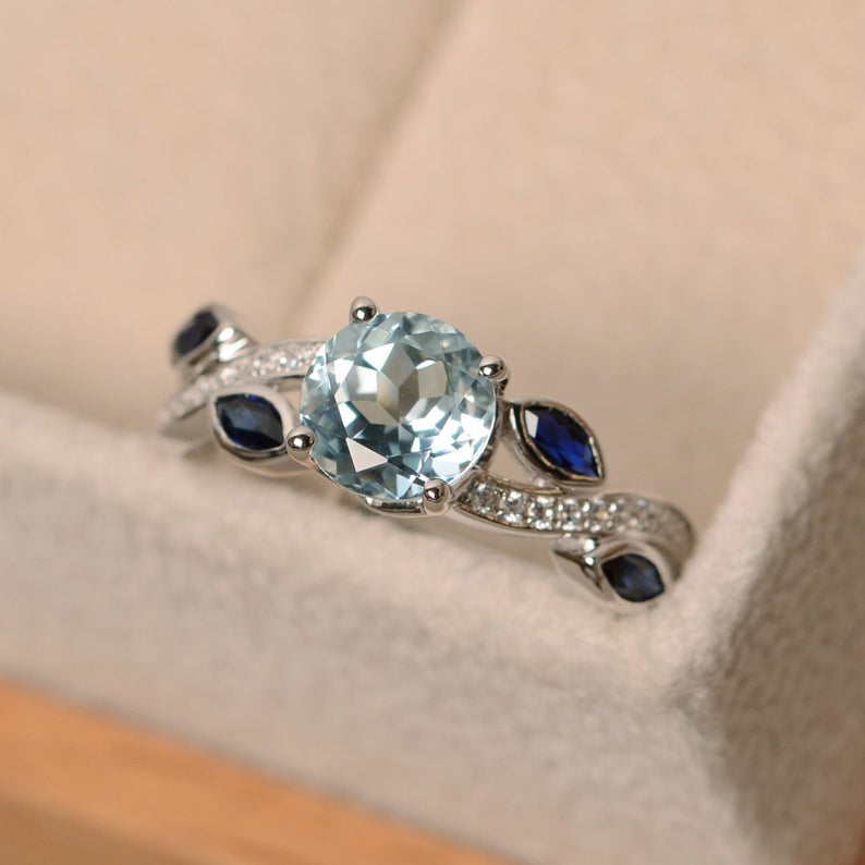 2.50 Ct Round Cut Aquamarine & Marquise Sapphire Gorgeous Leaf Ring In 925 Sterling Silver