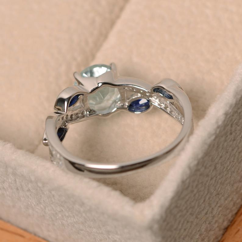 2.50 Ct Round Cut Aquamarine & Marquise Sapphire Gorgeous Leaf Ring In 925 Sterling Silver