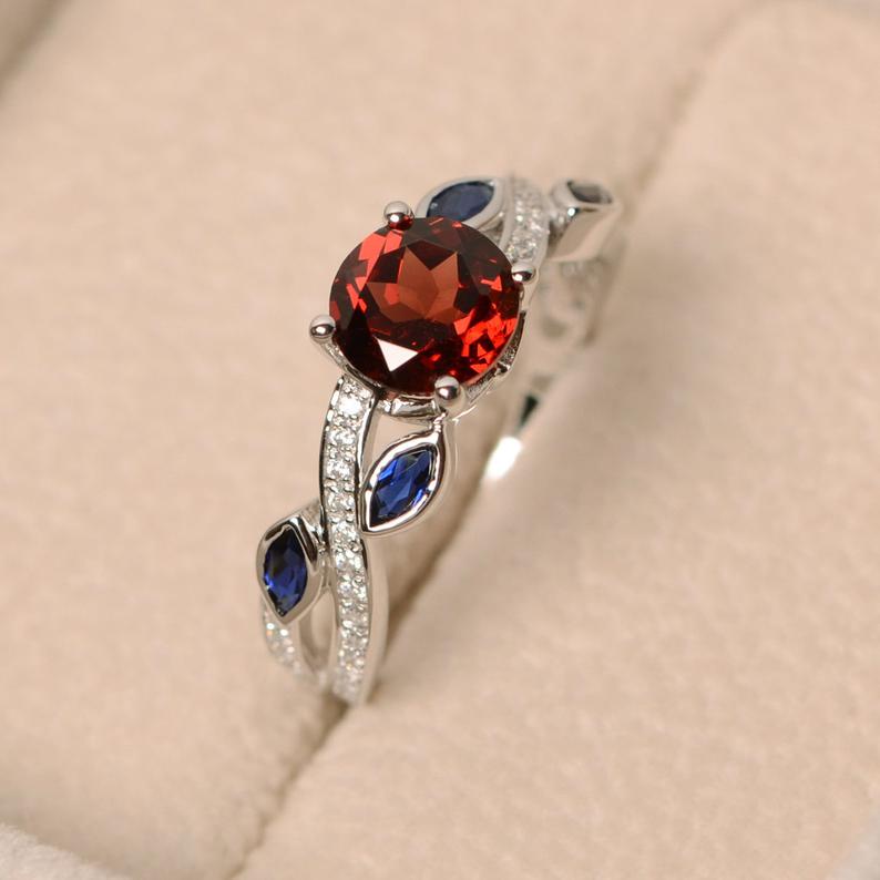 2.50 Ct Round Cut Red Garnet & Blue Sapphire Marquise 925 Sterling Silver Engagement Ring