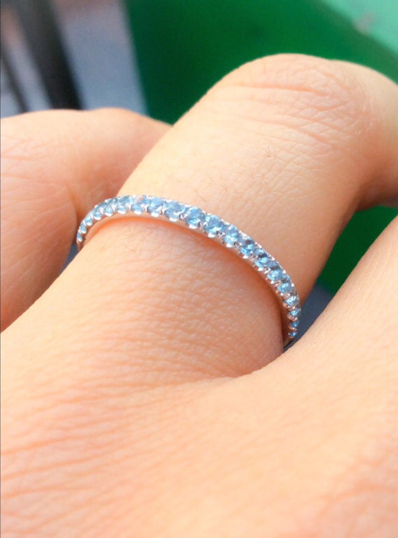 0.25 CT Round Cut Aquamarine Diamond 925 Sterling Silver Half Eternity Wedding Band Ring