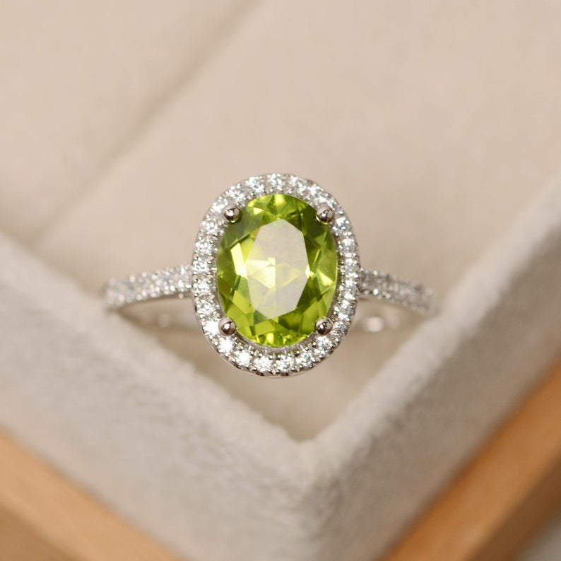 1 CT Oval Cut Peridot Diamond 925 Sterling Silver Halo Engagement Ring